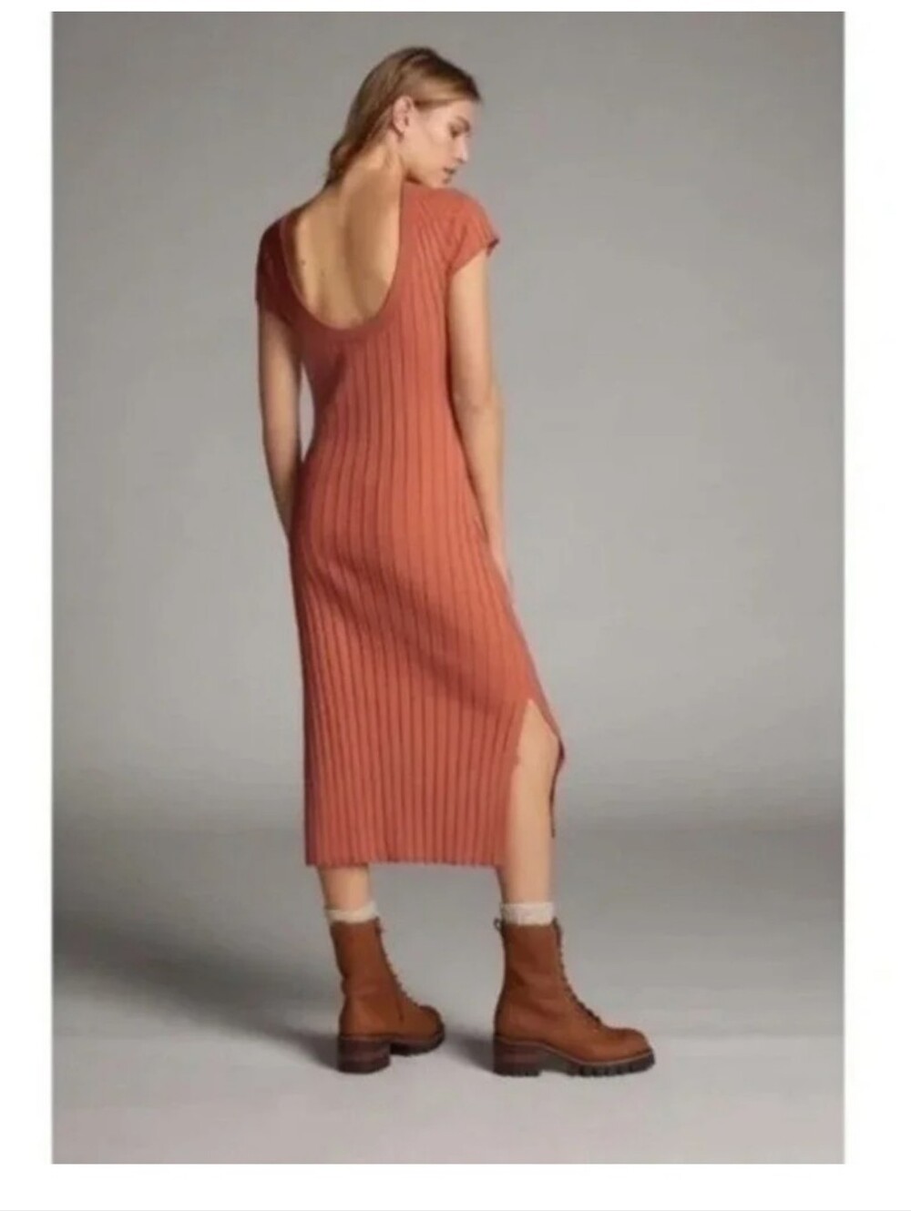 Anthropologie Maeve Buttercup Midi Dress in a terra cotta ribbed sweater knit